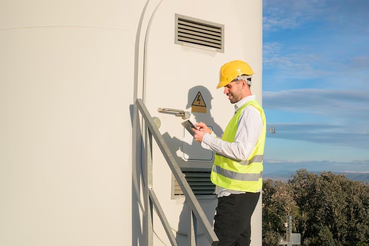 imgi 47 engineer working holding tablet with report wind turbine farm generator station ren