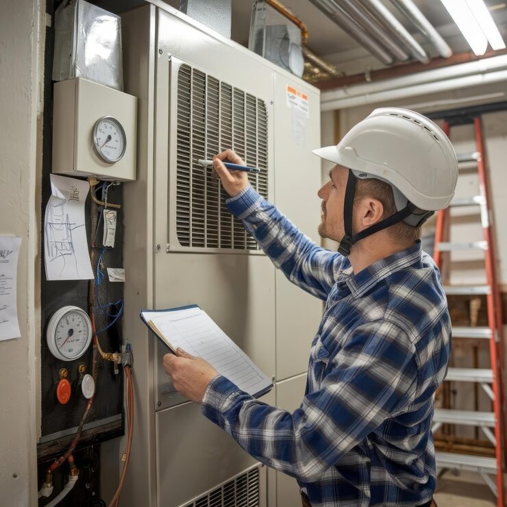 cold chillin air conditioning man helmet writing down measurements heat rconditioning system