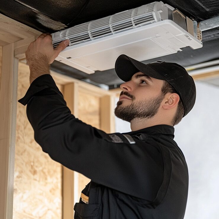 AC technician performing an air conditioning tune-up and maintenance