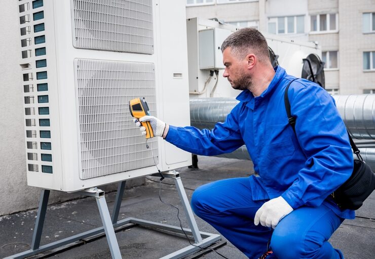 Repair vs replace AC South Florida HVAC technician inspecting an air conditioning system