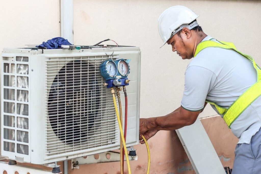 imgi 43 professional electrician man is fixing heavy air conditioner model